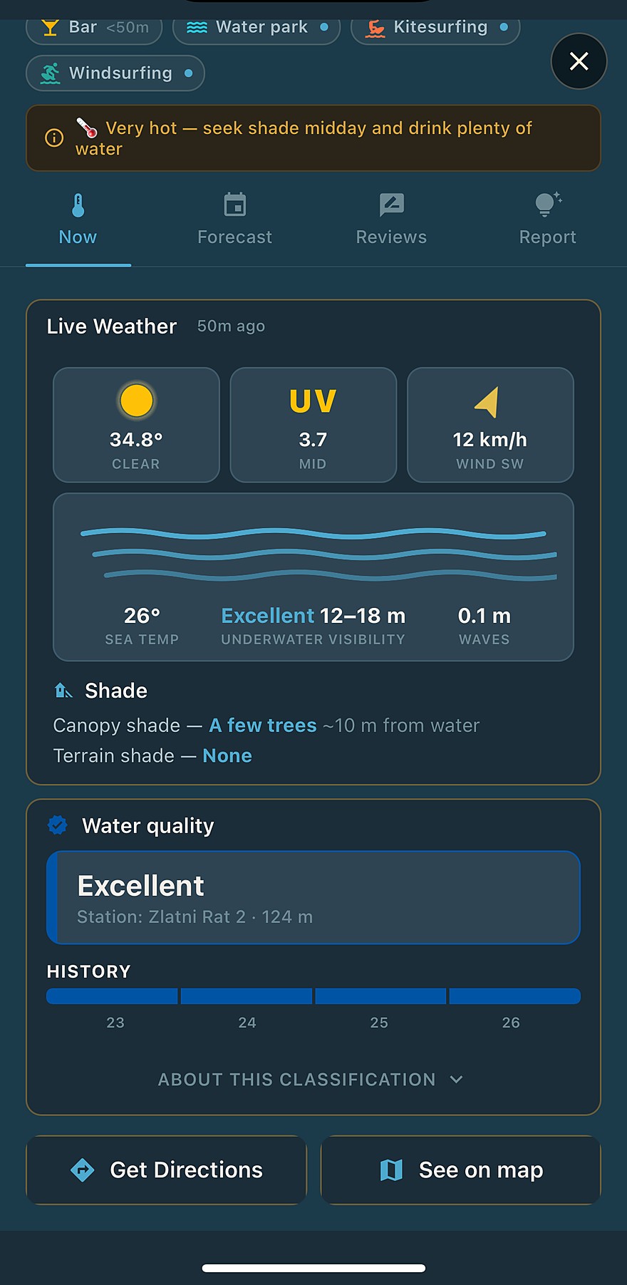 Zlatni rat live data — weather, sea temperature, underwater visibility, shade and official water quality