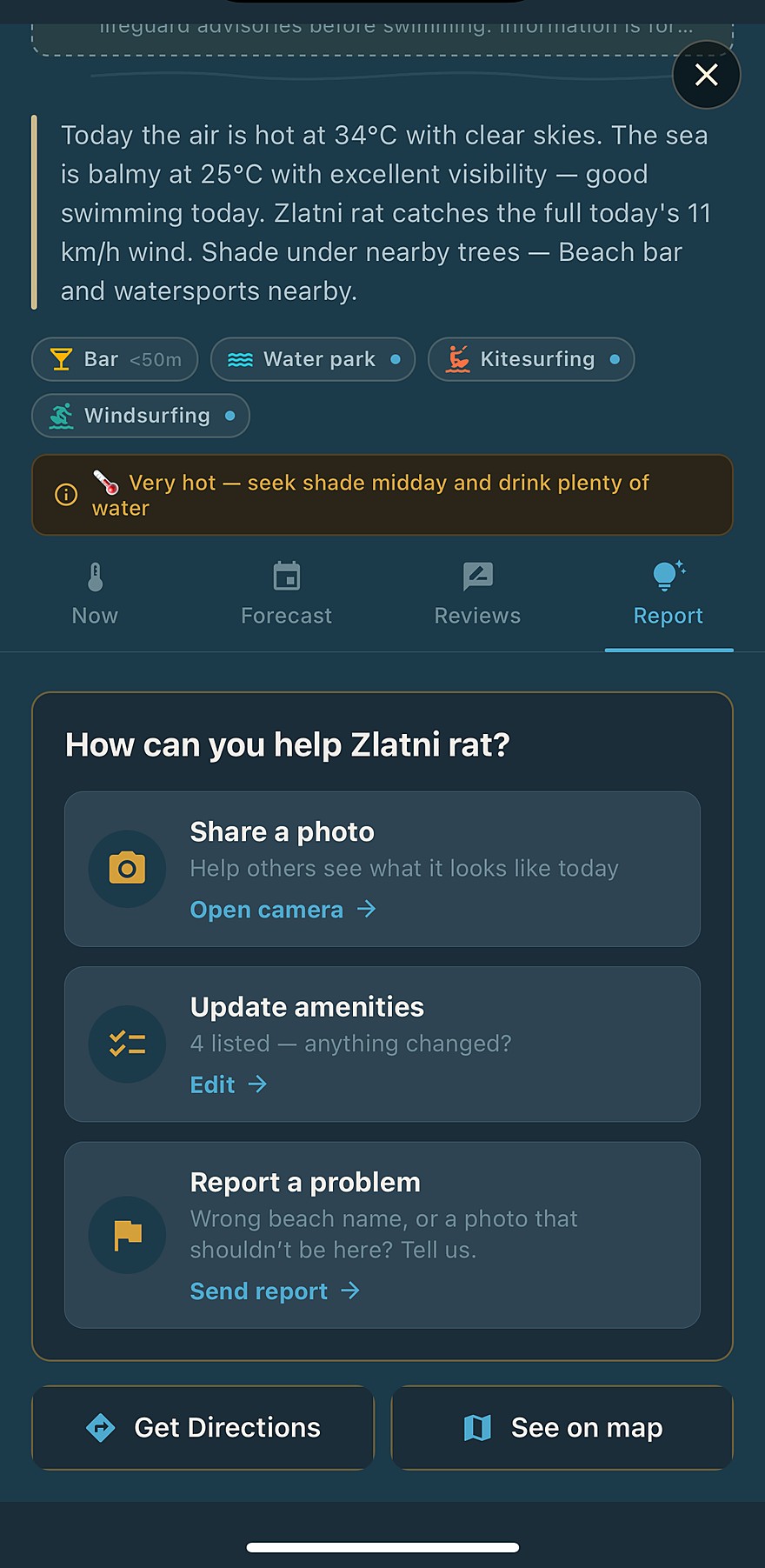 Report tab — share a photo, update amenities, report a problem