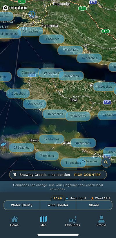 Map of Brač and Hvar with beach-count clusters