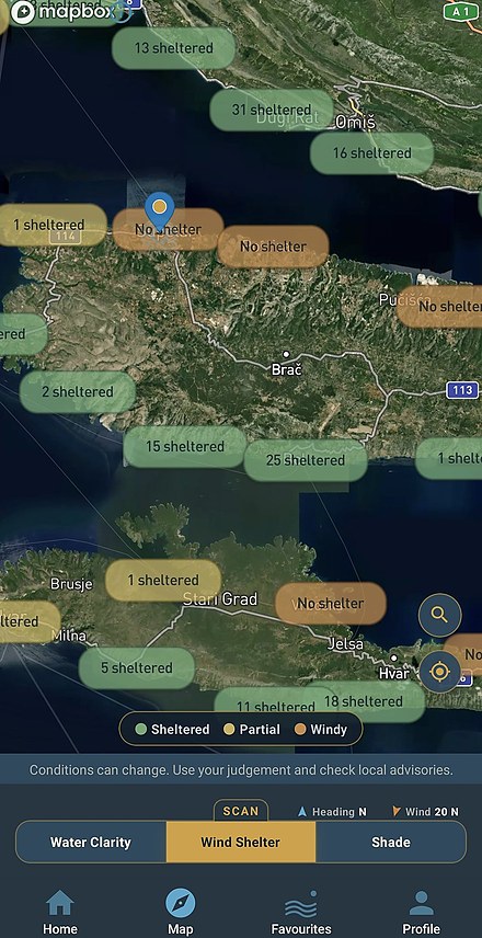 Wind shelter scan — sheltered bays in green, exposed shores in orange