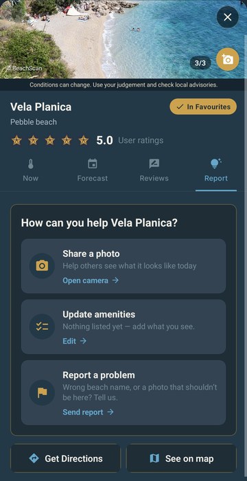 Report tab — share a photo, update amenities, report a problem