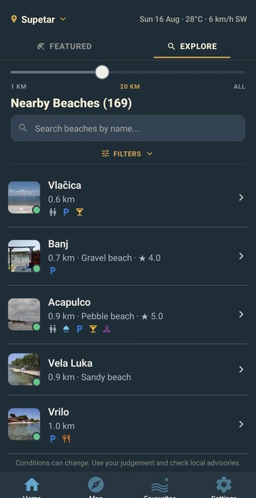 Explore tab browsing all beaches with surface and amenity filters