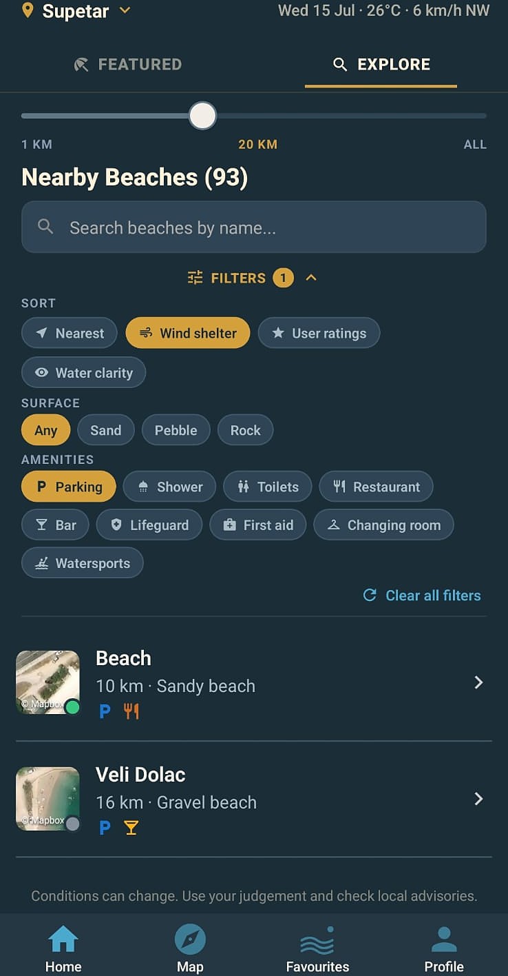Explore tab browsing all beaches with surface and amenity filters