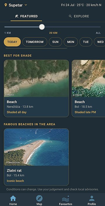 BeachScan Home screen with tomorrow's beach picks