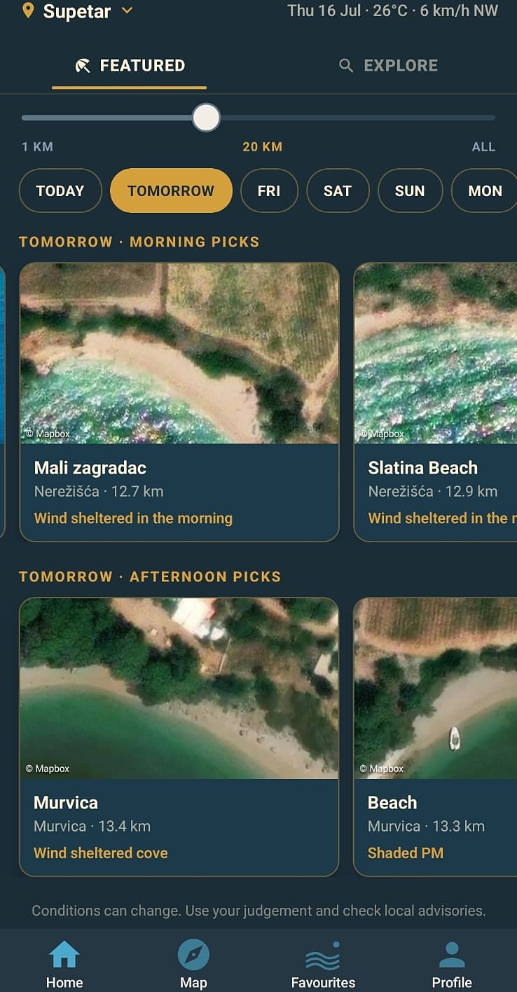 BeachScan Home screen with tomorrow's beach picks