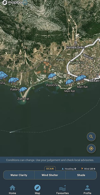Satellite map around Drvenik Veli with an umbrella pin on every beach