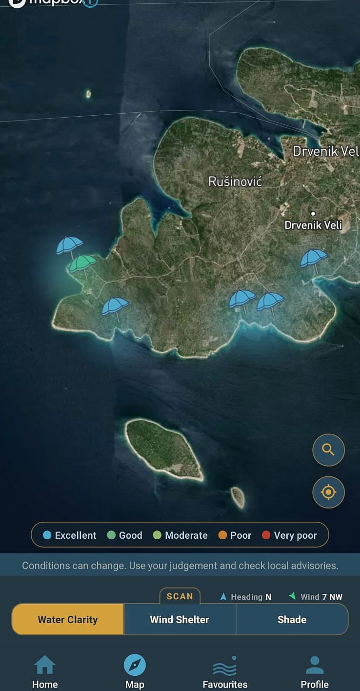 Satellite map around Drvenik Veli with an umbrella pin on every beach
