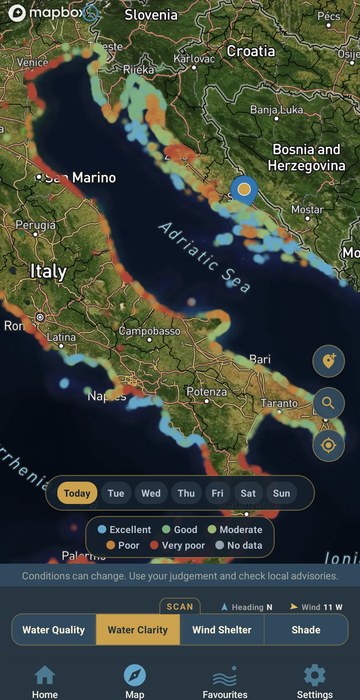 Water clarity scan painting the whole Adriatic from excellent to very poor, Croatia and Italy at once, with a chip for each day ahead