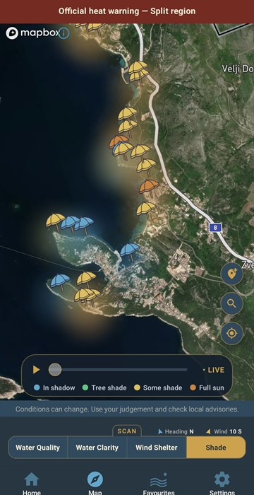 Shade scan — beaches marked in shadow, tree shade, some shade or full sun, with the time scrubber running live