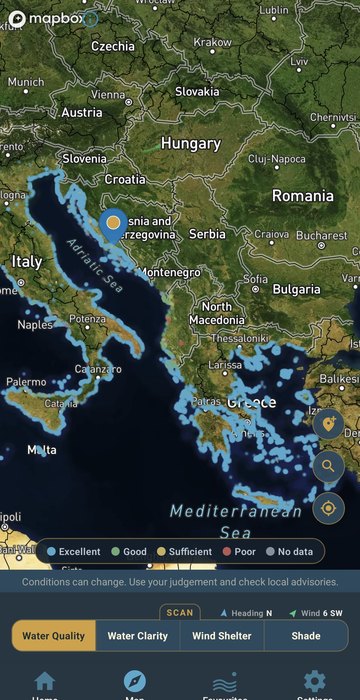 Water quality scan — the whole Adriatic coast dotted by official bathing-water rating, from Italy round to Albania
